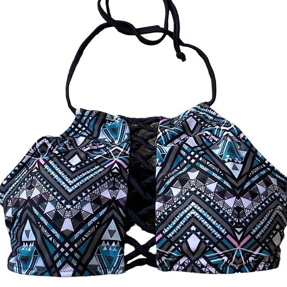 Rue Blue Geometric Cutout High Neck Halter Swim Top - Picture 2 of 7